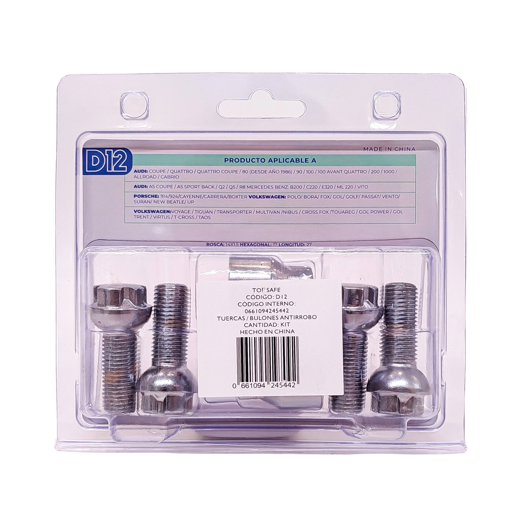 CONJUNTO DE BULONES ANTIRROBO CONJUNTO DE 4 BULONES + 2 LLAVES MEDIDAS  PASO DE ROSCA 14X1.5, HEXAGONO 17MM, LARGO 27MM. MARCAS: AUDI / MERCEDES BENZ / PORSCHE / VOLKSWAGEN CANTIDAD POR CAJA MASTER 50 - 5