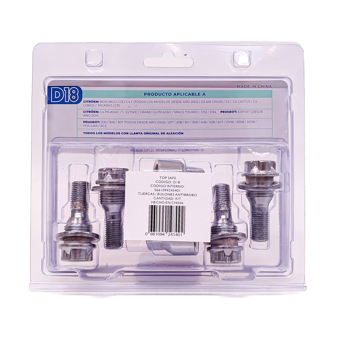 CONJUNTO DE BULONES ANTIRROBO CONJUNTO DE 4 BULONES + 2 LLAVES MEDIDAS  PASO DE ROSCA 12X1.25, HEXAGONO 17MM, LARGO 36MM. MARCAS: CITRÖEN / PEUGEOT - 5