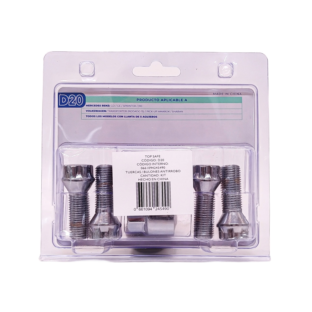 CONJUNTO DE BULONES ANTIRROBO CONJUNTO DE 4 BULONES + 2 LLAVES MEDIDAS  PASO DE ROSCA 14X1.5, HEXAGONO 19MM, LARGO 34MM. MARCAS: MERCEDES BENZ / VOLKSWAGEN - 5