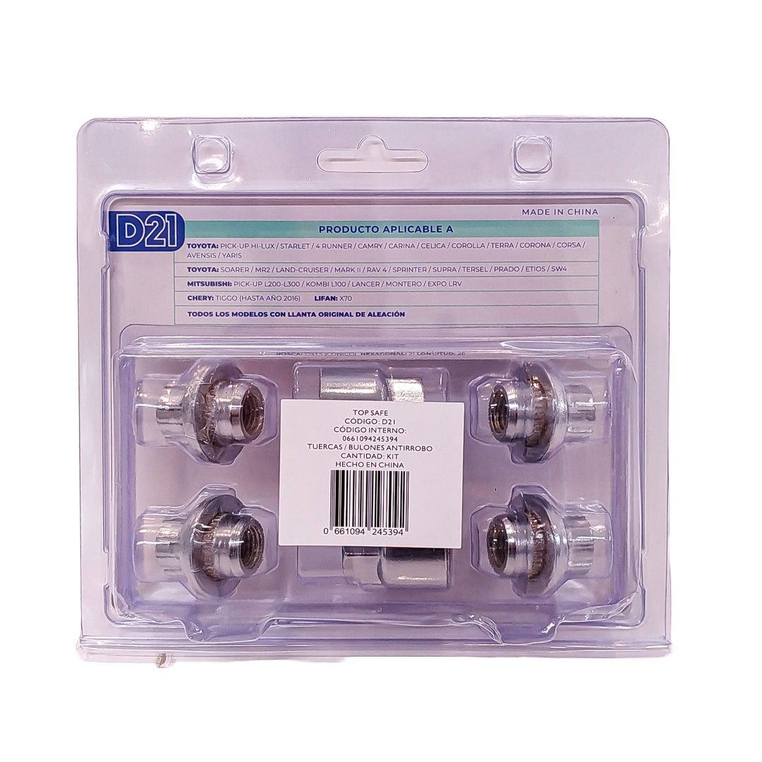 CONJUNTO DE BULONES ANTIRROBO CONJUNTO DE 4 BULONES + 2 LLAVES MEDIDAS  PASO DE ROSCA 12X1.5 CONICO, HEXAGONO 21MM, LARGO 26MM. MARCAS: TOYOTA / MITSUBISHI / CHERY / LIFAN CANTIDAD POR CAJA MASTER 50 - 5