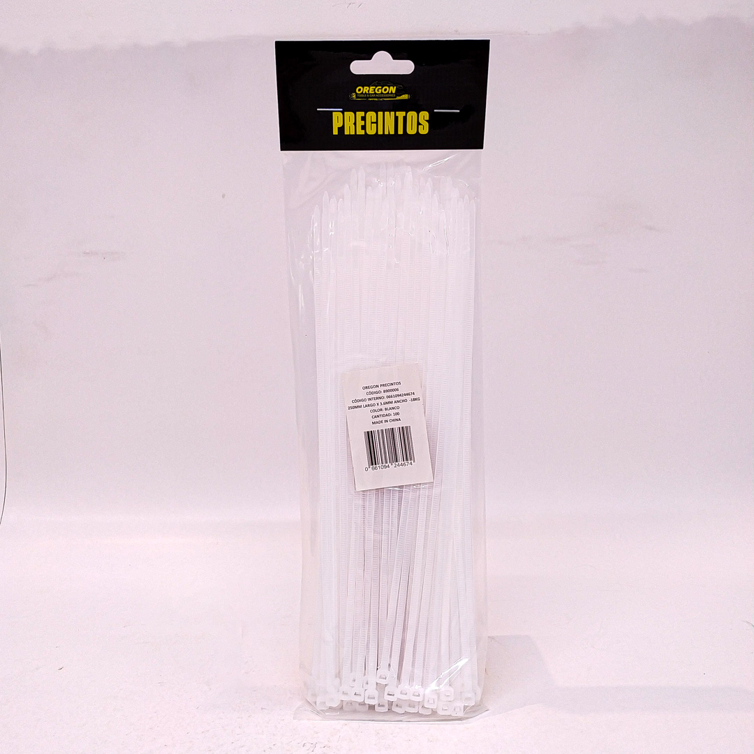 BOLSA DE PRECINTOS (100 UNIDADES) 250MM LARGO X 3.6MM ANCHO -18KG COLOR BLANCO