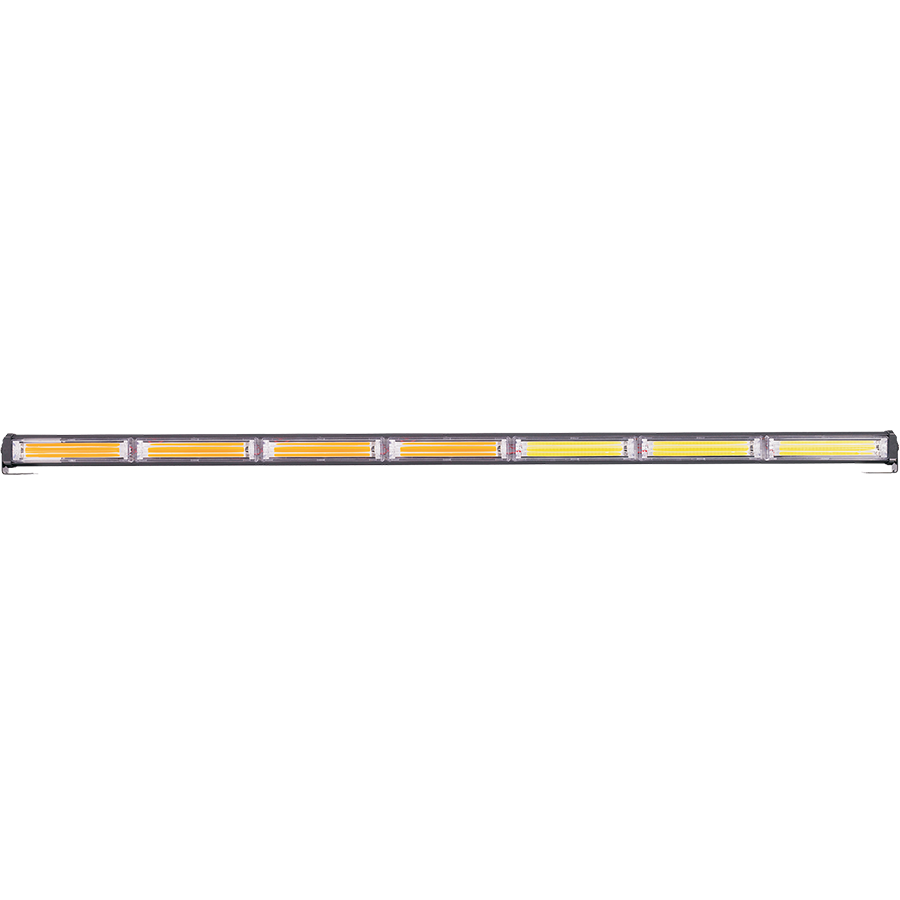 OFF ROAD BARRA LED COB DUAL 12-36V BLANCA Y AMBAR 7 BLOQUES COB 105W FLASH 10 FUNCIONES 1050X40X45MM  INCLUYE TOMA A 12V CON INTERRUPTOR ON / OFF Y MANEJO DE FUNCIONES DESTELLANTES