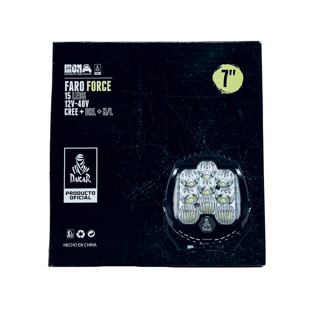 OFF ROAD FARO DE LED UNIVERSAL DAKAR FORCE 7" 15 LEDS CREE 180 WATTS LOGO ILUMINADO - DRL BLANCO Y AMBAR - 12V A 36V