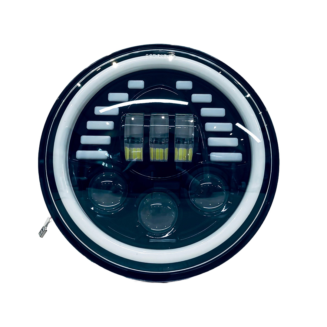 OFF ROAD FARO DE LED UNIVERSAL REDONDO 7"  USO IDEAL JEEP WRANGLER - RENEGADE / MOTO HARLEY DAVIDSON - ROYAL ENFIELD CON FUNCION ALTA Y BAJA + DRL BLANCO Y AMBAR Y AMBAR- HAZ DE LUZ SPOT - 40 WATTS 12V A 36V - 2