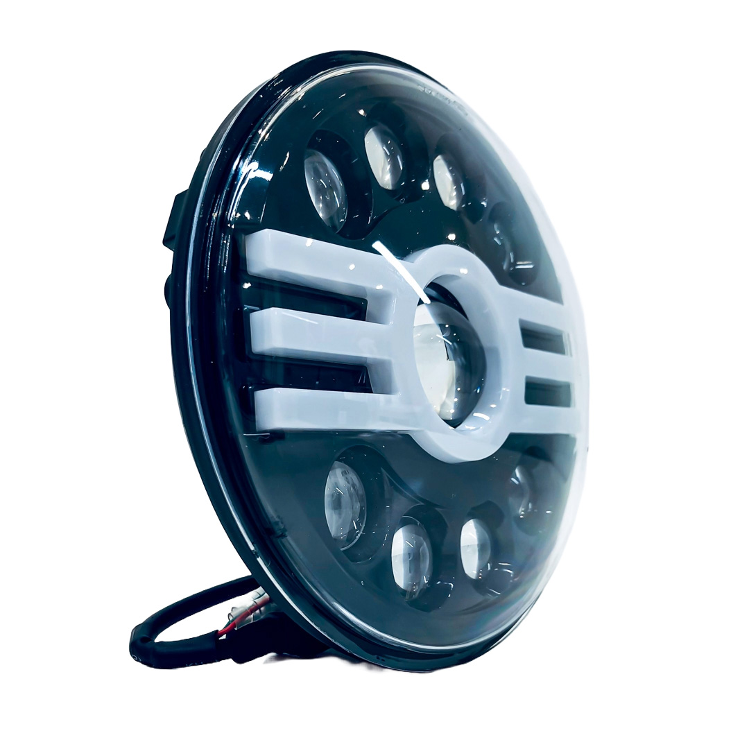 OFF ROAD FARO DE LED UNIVERSAL REDONDO 7"  USO IDEAL JEEP WRANGLER - RENEGADE / MOTO HARLEY DAVIDSON - ROYAL ENFIELD CON FUNCION ALTA Y BAJA + DRL BLANCO Y AMBAR Y AMBAR- HAZ DE LUZ SPOT - 40 WATTS 12V A 36V - 2
