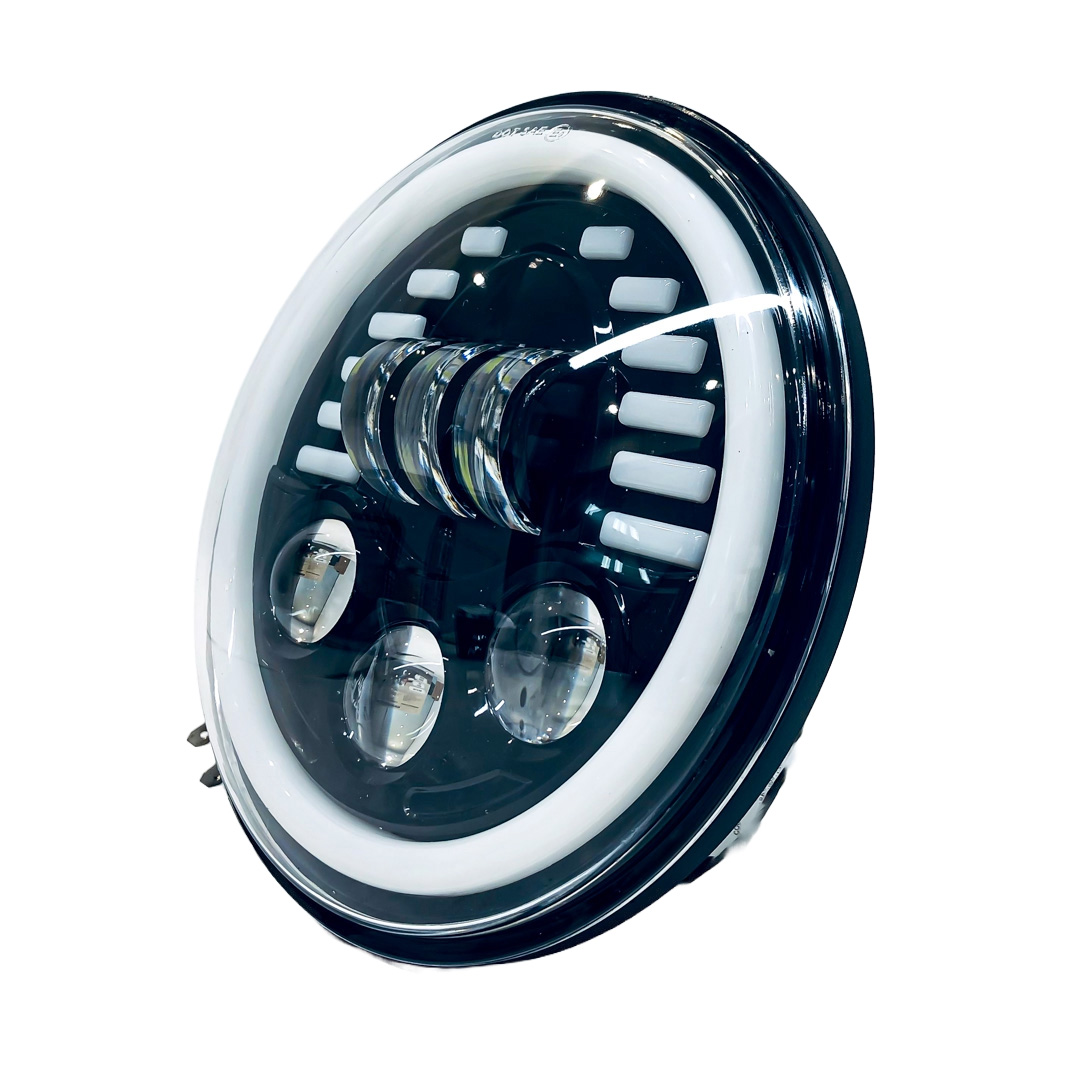 OFF ROAD FARO DE LED UNIVERSAL REDONDO 7"  USO IDEAL JEEP WRANGLER - RENEGADE / MOTO HARLEY DAVIDSON - ROYAL ENFIELD CON FUNCION ALTA Y BAJA + DRL BLANCO Y AMBAR Y AMBAR- HAZ DE LUZ SPOT - 40 WATTS 12V A 36V - 3
