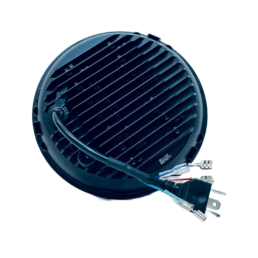 OFF ROAD FARO DE LED UNIVERSAL REDONDO 7" CALABERA USO IDEAL JEEP WRANGLER - RENEGADE / MOTO HARLEY DAVIDSON - ROYAL ENFIELD CON FUNCION ALTA Y BAJA + DRL BLANCO Y AMBAR- HAZ DE LUZ SPOT - 40 WATTS 12V A 36V - 2