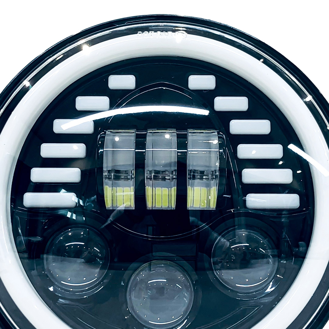 OFF ROAD FARO DE LED UNIVERSAL REDONDO 7"  USO IDEAL JEEP WRANGLER - RENEGADE / MOTO HARLEY DAVIDSON - ROYAL ENFIELD CON FUNCION ALTA Y BAJA + DRL BLANCO Y AMBAR Y AMBAR- HAZ DE LUZ SPOT - 40 WATTS 12V A 36V - 5