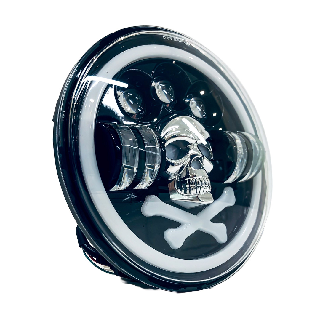 OFF ROAD FARO DE LED UNIVERSAL REDONDO 7" CALABERA USO IDEAL JEEP WRANGLER - RENEGADE / MOTO HARLEY DAVIDSON - ROYAL ENFIELD CON FUNCION ALTA Y BAJA + DRL BLANCO Y AMBAR- HAZ DE LUZ SPOT - 40 WATTS 12V A 36V - 4