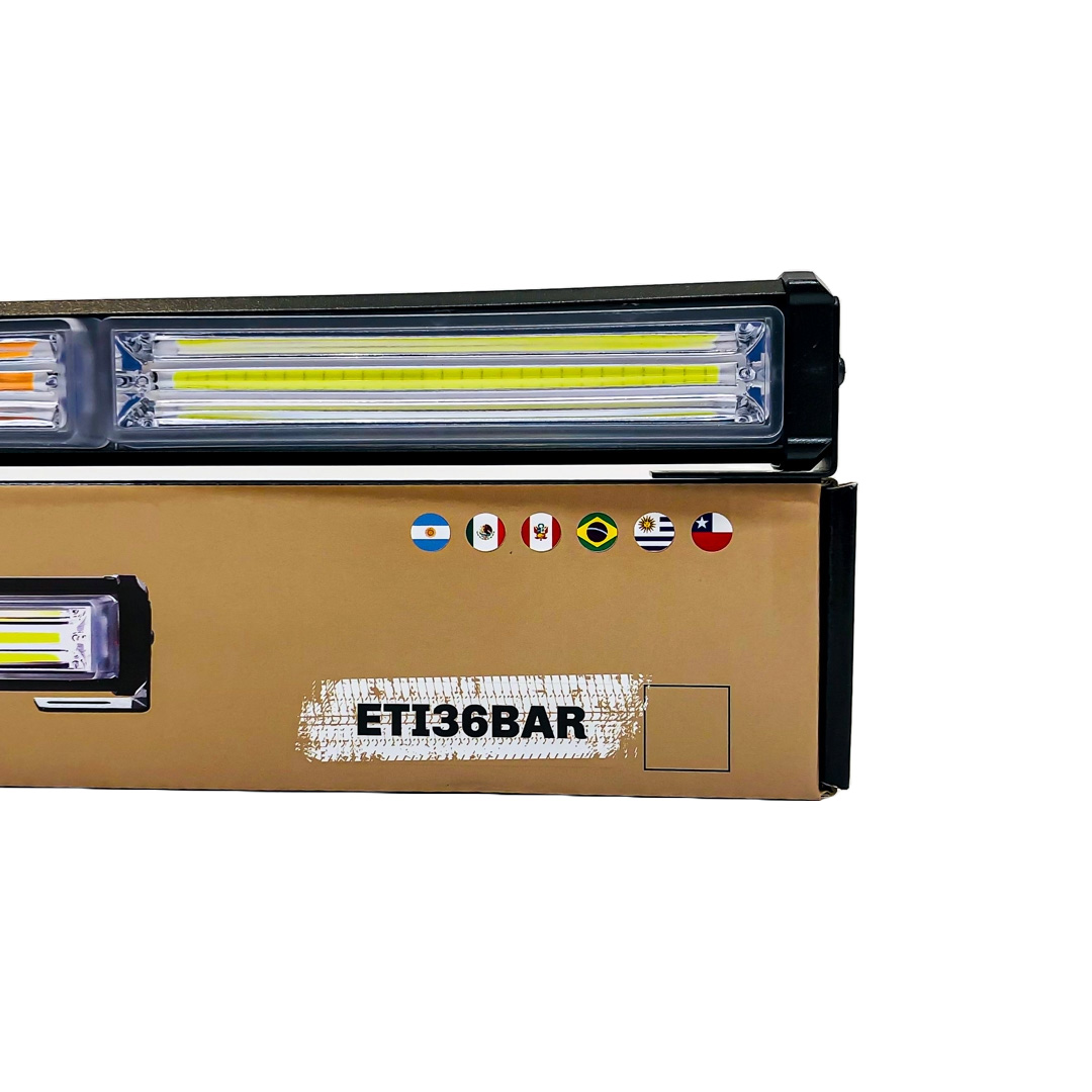 OFF ROAD BARRA LED COB DUAL 12-36V BLANCA Y AMBAR 3 BLOQUES COB 45W FLASH 10 FUNCIONES 450X40X45MM  INCLUYE TOMA A 12V CON INTERRUPTOR ON / OFF Y MANEJO DE FUNCIONES DESTELLANTES