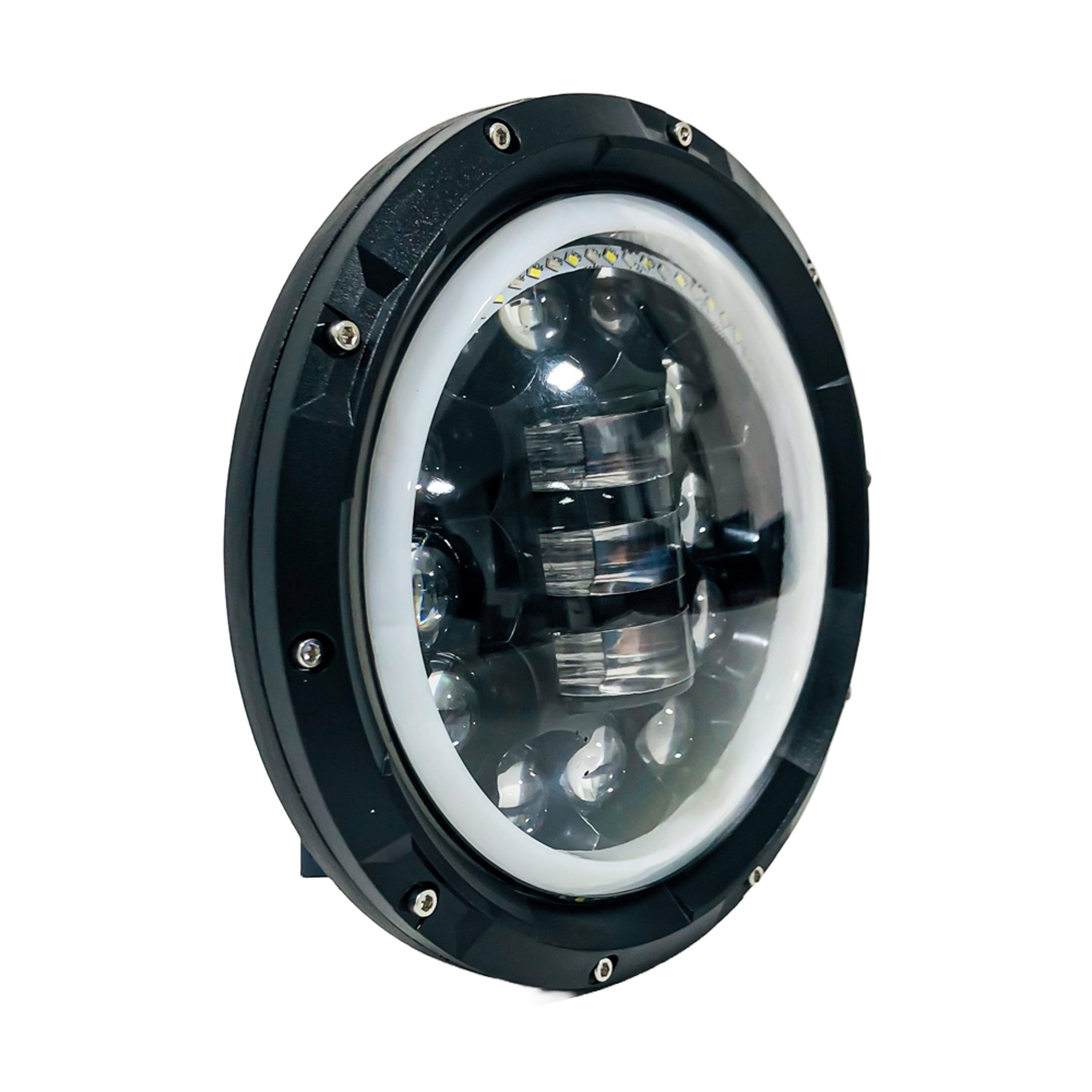 OFF ROAD FARO DE LED UNIVERSAL REDONDO 7"  12 LED EPISTAR BLANCO + 3 LED CREE AMBAR USO IDEAL JEEP WRANGLER - RENEGADE / MOTO HARLEY DAVIDSON - ROYAL ENFIELD CON FUNCION ALTA Y BAJA + OJO DE ANGEL BLANCO Y AMBAR Y AMBAR- HAZ DE LUZ SPOT - 40 WATTS 12V A 36V - 2