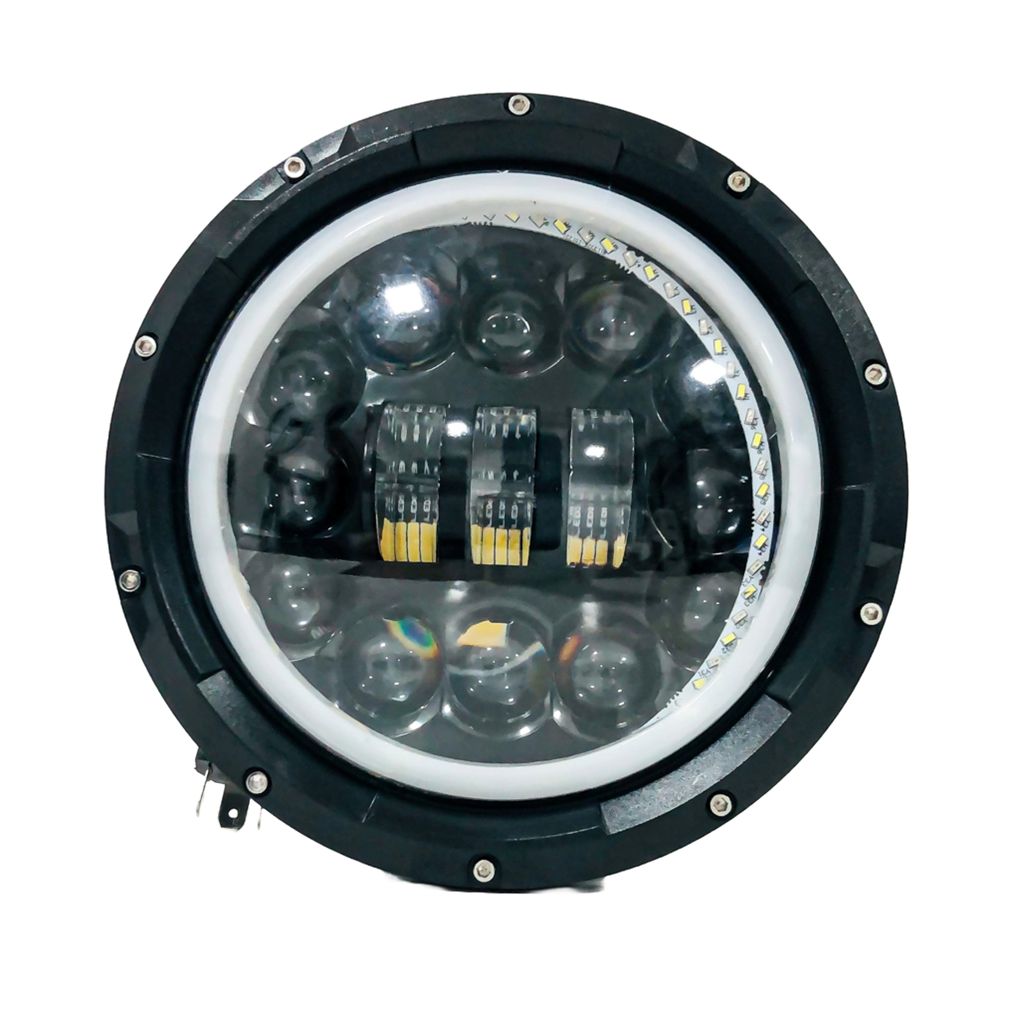 OFF ROAD FARO DE LED UNIVERSAL REDONDO 7"  12 LED EPISTAR BLANCO + 3 LED CREE AMBAR USO IDEAL JEEP WRANGLER - RENEGADE / MOTO HARLEY DAVIDSON - ROYAL ENFIELD CON FUNCION ALTA Y BAJA + OJO DE ANGEL BLANCO Y AMBAR Y AMBAR- HAZ DE LUZ SPOT - 40 WATTS 12V A 36V - 3