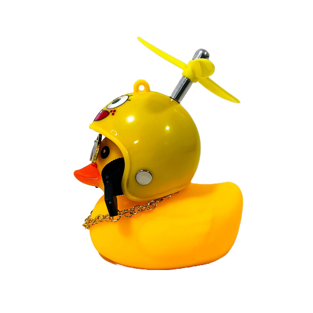 PATITO DECORATIVO PARA AUTO, BICI O MOTO CASCO AMARILLO DIBUJO BOB ESPONJA CON ANTEOJOS, CADENA Y HELICE - 3
