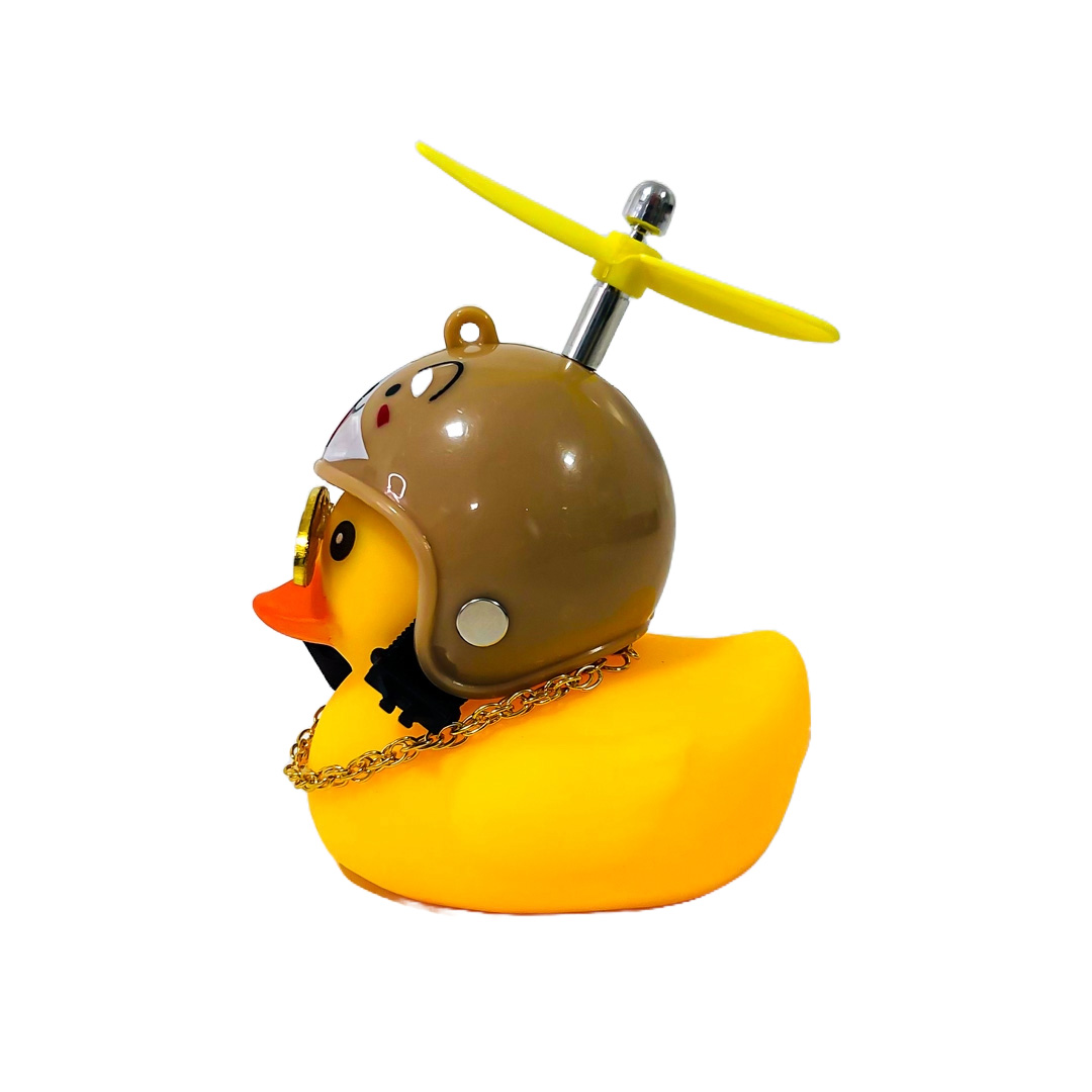 PATITO DECORATIVO PARA AUTO, BICI O MOTO CASCO MARRON DIBUJO HAMSTER CON ANTEOJOS, CADENA Y HELICE - 2