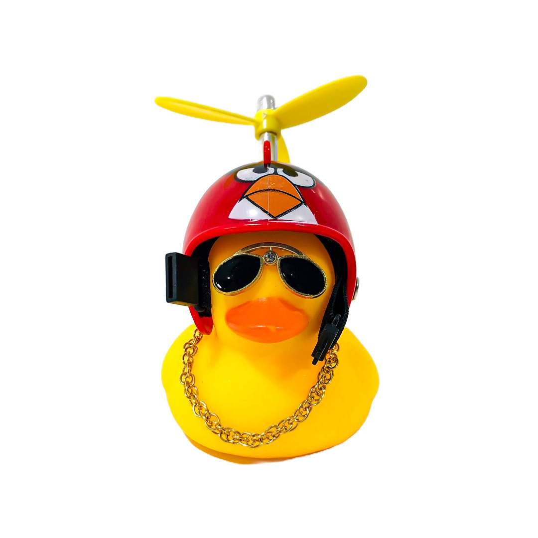 PATITO DECORATIVO PARA AUTO, BICI O MOTO CASCO ROJO DIBUJO ANGRY BIRDS CON ANTEOJOS, CADENA Y HELICE - 6