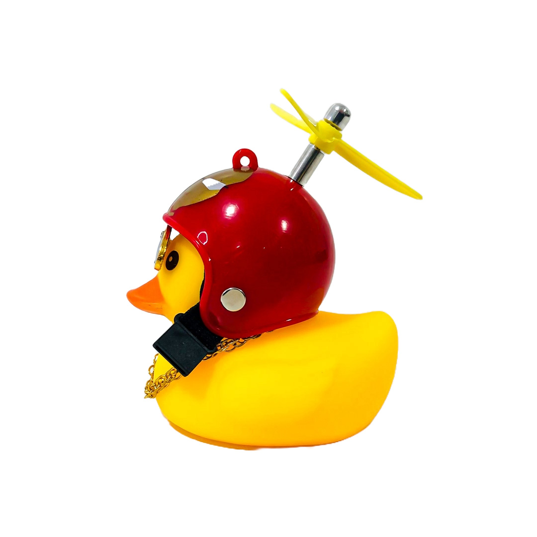 PATITO DECORATIVO PARA AUTO, BICI O MOTO CASCO ROJO DIBUJO IRON MAN CON ANTEOJOS, CADENA Y HELICE - 4
