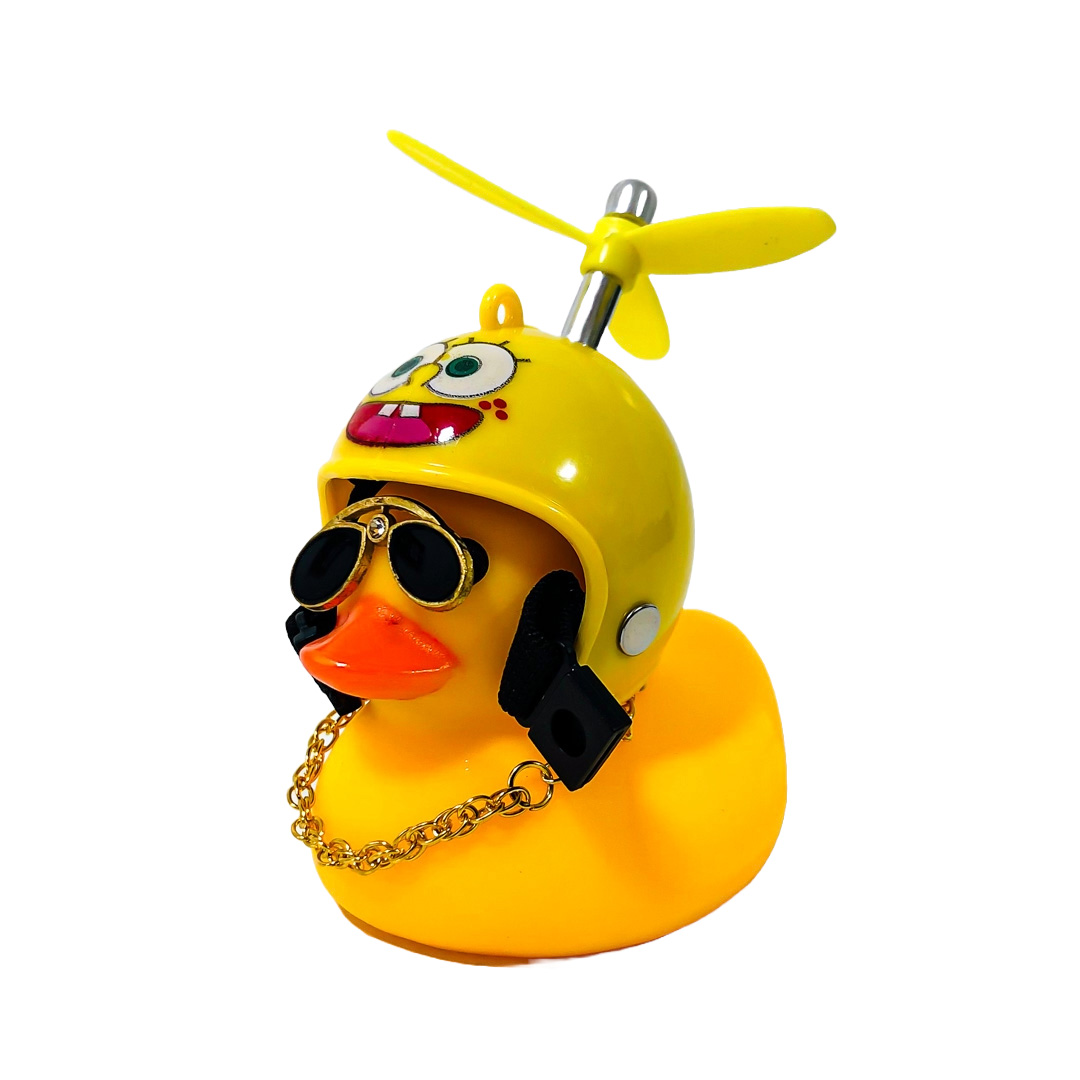 PATITO DECORATIVO PARA AUTO, BICI O MOTO CASCO AMARILLO DIBUJO BOB ESPONJA CON ANTEOJOS, CADENA Y HELICE - 6
