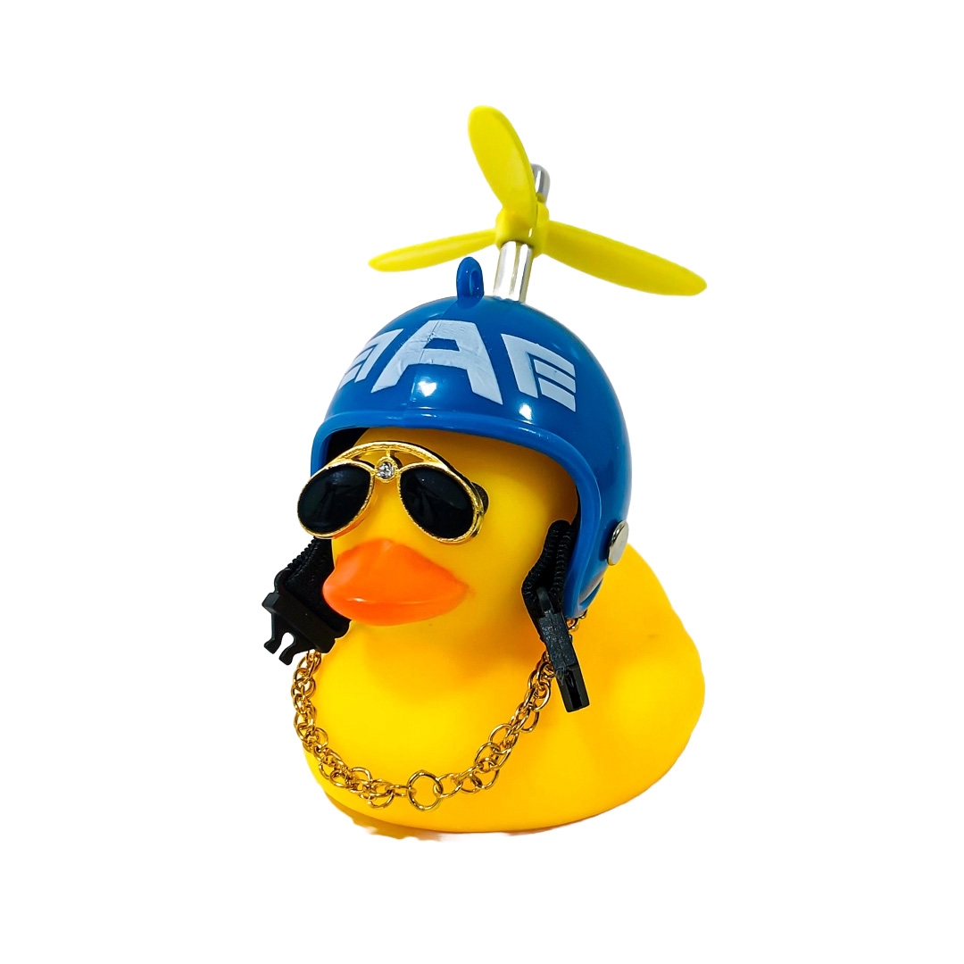 PATITO DECORATIVO PARA AUTO, BICI O MOTO CASCO AZUL DIBUJO CAPITAN AMERICA CON ANTEOJOS, CADENA Y HELICE - 6