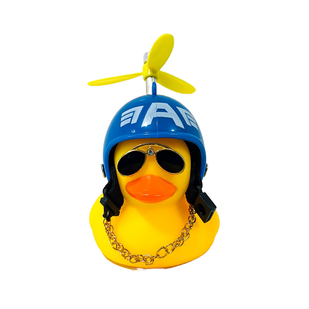 PATITO DECORATIVO PARA AUTO, BICI O MOTO CASCO AZUL DIBUJO CAPITAN AMERICA CON ANTEOJOS, CADENA Y HELICE - 8