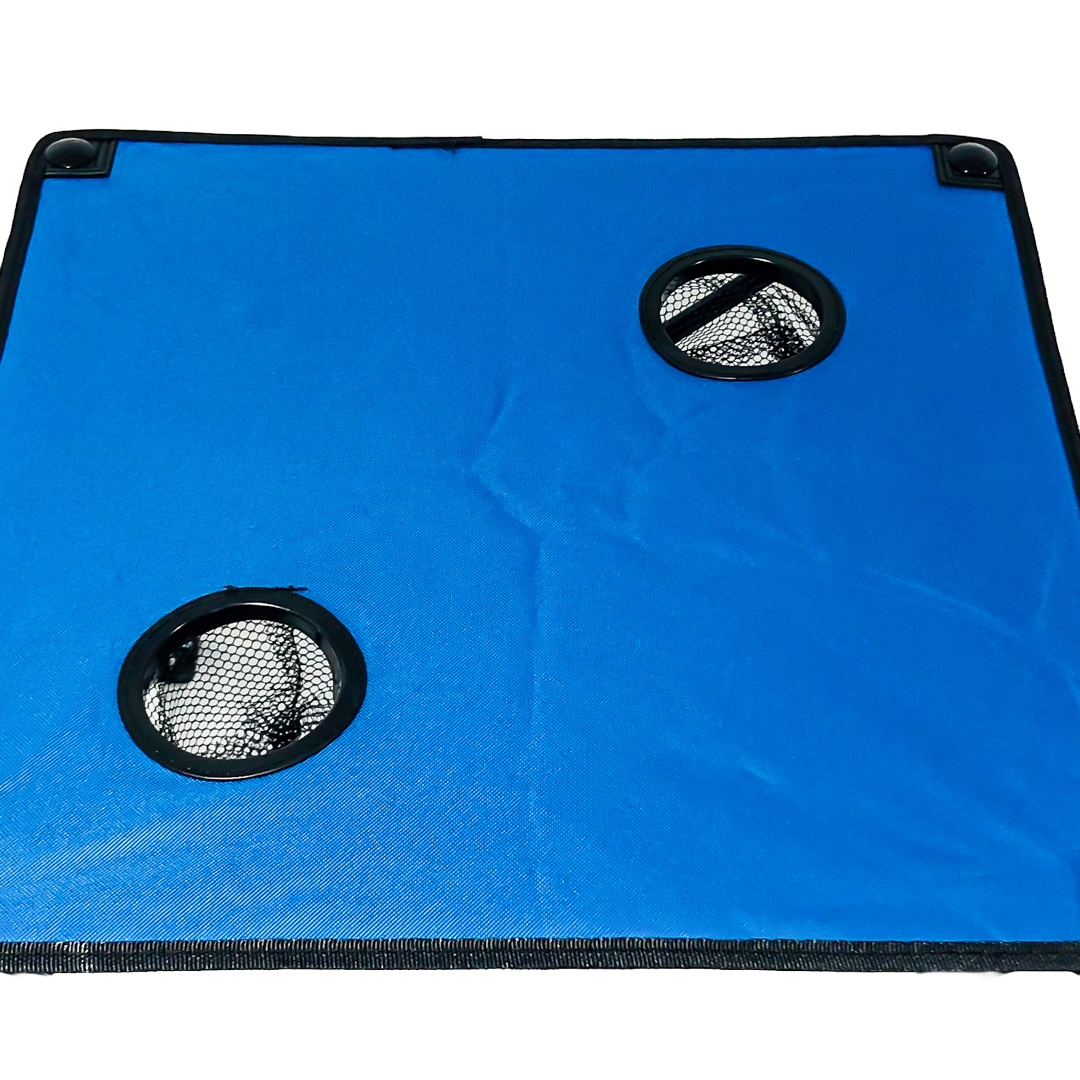 MESA MULTI USO MESA DE TELA PLEGABLE CON PORTAVASOS MEDIDAS 46CM X 46CM X 60CM COLOR AZUL IDEAL CAMPING - PLAYA - 4