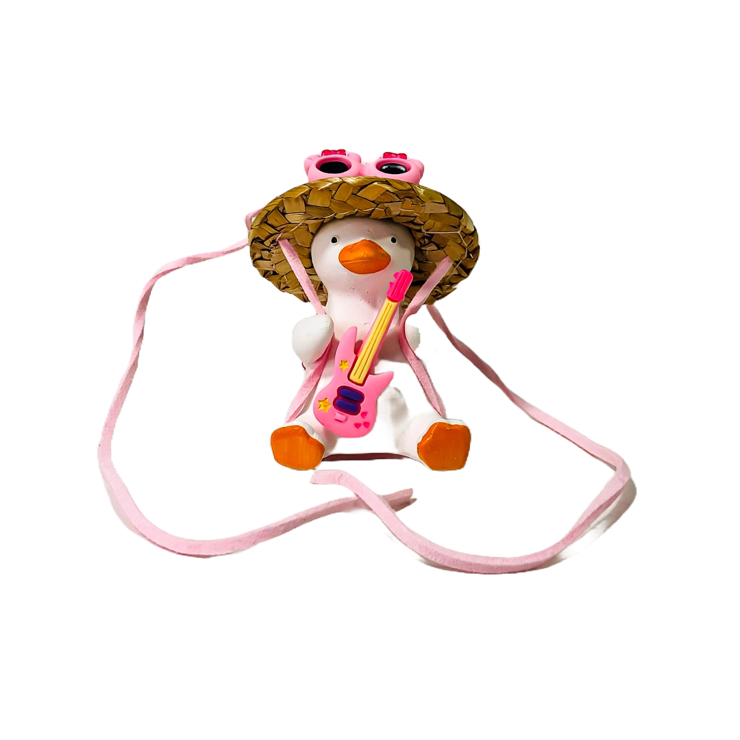 PATITO DECORATIVO COLGANTE DE CERAMICA PARA AUTO TURISTA CON GAFAS, MOCHILA Y GUITARRA ROSA - 4