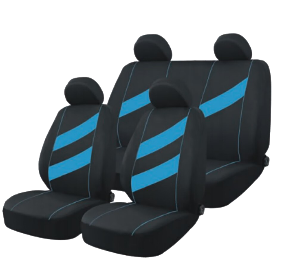 FUNDA CUBRE ASIENTO 9 PIEZAS DE TELA COLOR NEGRO CON DETALLES AZUL