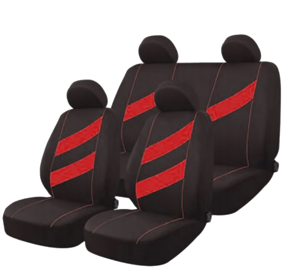 FUNDA CUBRE ASIENTO 9 PIEZAS DE TELA COLOR NEGRO CON DETALLES ROJO