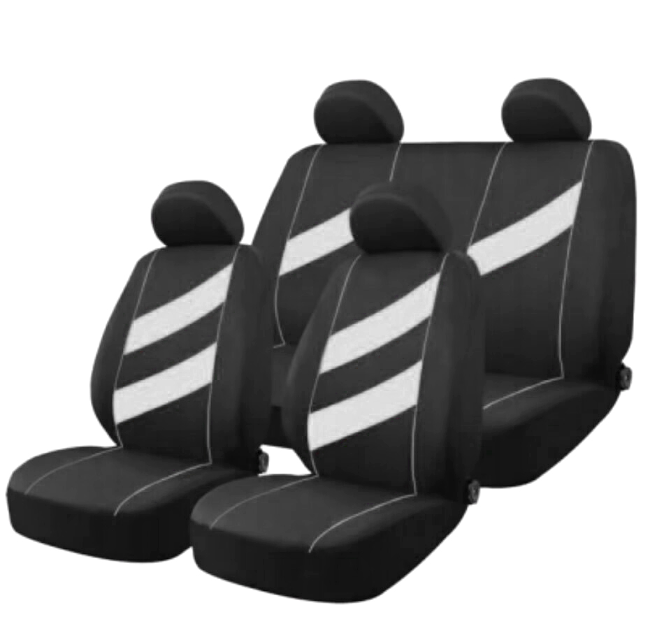 FUNDA CUBRE ASIENTO 9 PIEZAS DE TELA COLOR NEGRO CON DETALLES BLANCO
