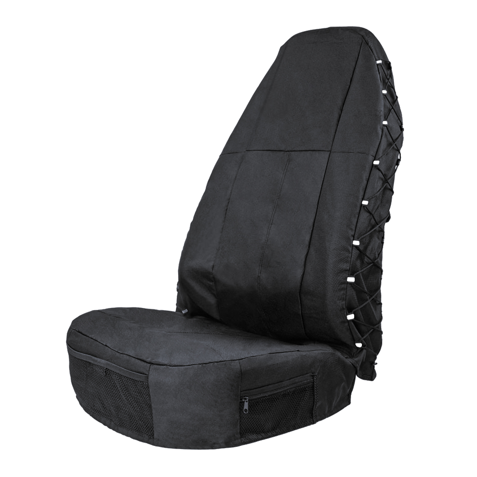 FUNDA CUBRE ASIENTO COLOR NEGRA PARA ASIENTO DELANTERO INDIVIDUAL DE TELA RESISTENTE AL AGUA CON ELASTICO LATERAL Y ORGANIZADOR DE ASIENTO TRASERO