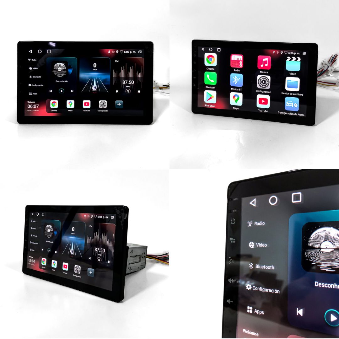 EQUIPO MULTIMEDIA PANTALLA 1 DIN 10.5" CON ROTACION IPS TOUCH SCREEN, CARPLAY & ANDROID AUTO, MEMORIA 2+64GB, BLUETOOTH, MIRROR LINK, POTENCIA 4*45W,