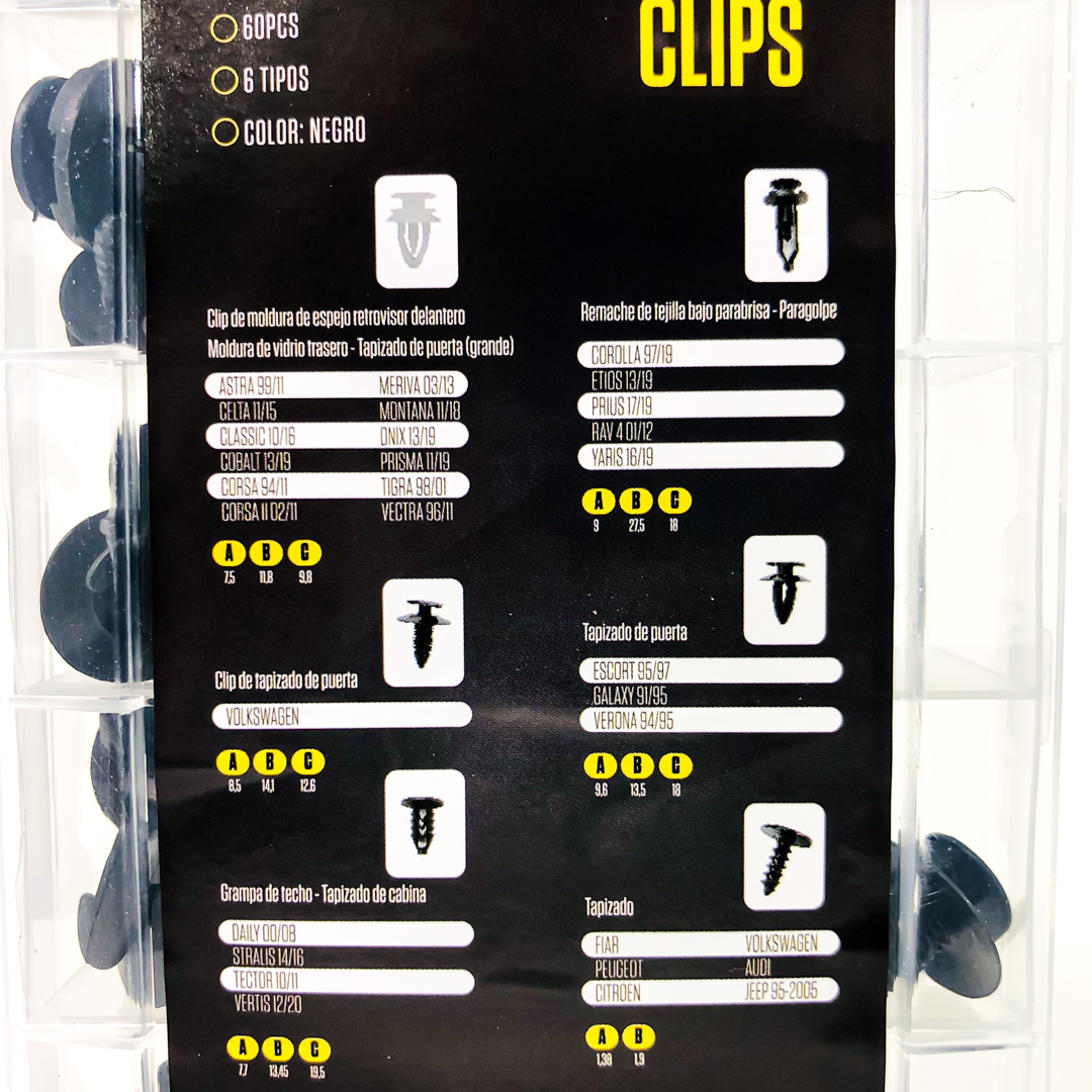 CLIPS PLASTICOS CAJA SURTIDA CON 60 CLIPS (10 DE CADA MODELO VER EN FOTO) COLOR NEGRO