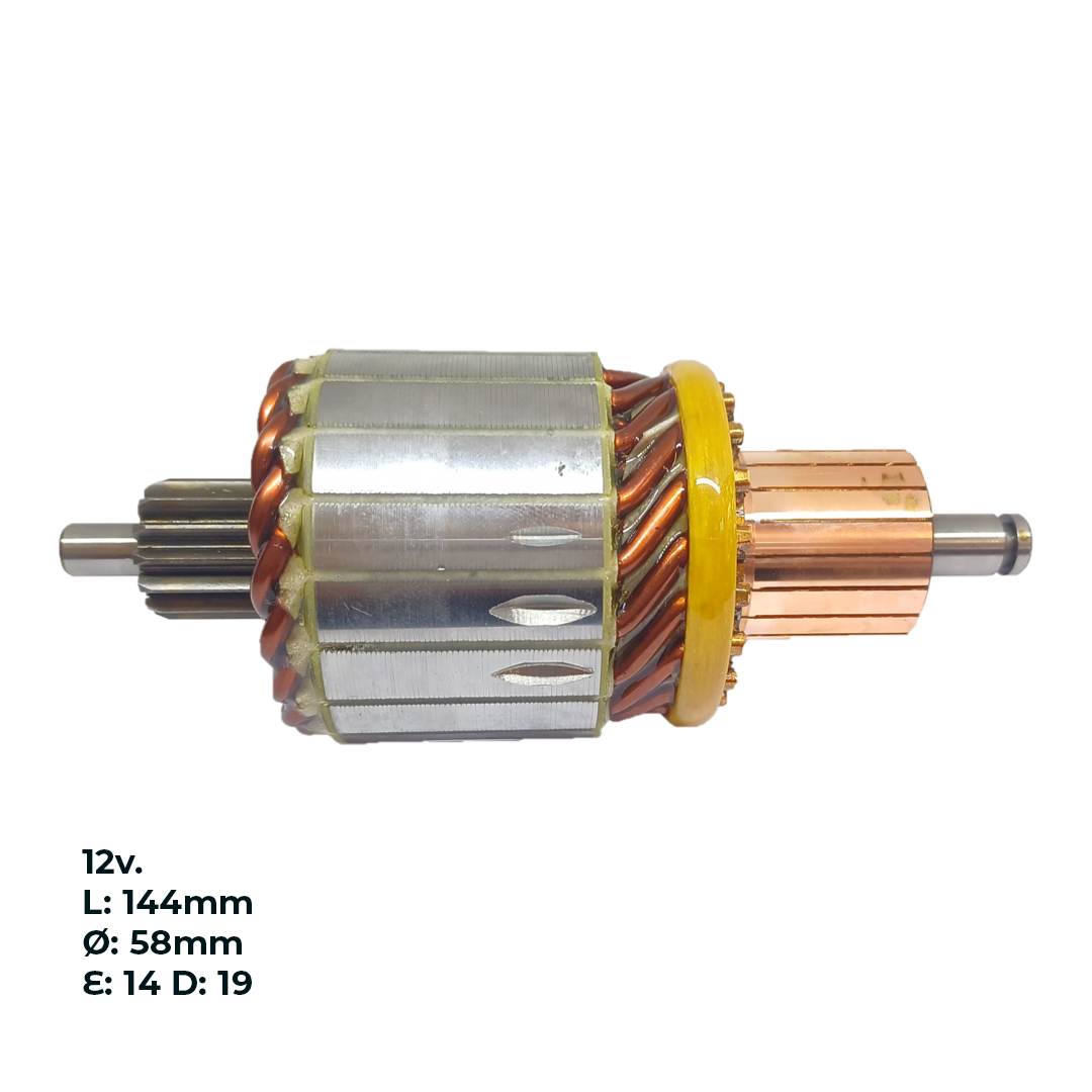 INDUCIDO - BOBINA DE ARRANQUE TIPO BOSCH FORD F-100 2.8 MWM,F-4000 4.3 M, JOHN DEERE 75/08, NEW HOLLAND 92/15 12V. L: 144MM Ø: 58MM E: 14 D: 19 IB1914.20N INN BOS018 IBO-031 IB0010 PA42049 IMB113