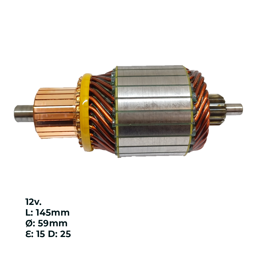 INDUCIDO - BOBINA DE ARRANQUE TIPO INDIEL CUMMINS, MAXION, AGRALE 7500 C/MWM, FORD CARGO C/MAXION , F1000, MB SPRINTER C/MAXION 12V. L: 145MM Ø: 59MM E: 15 D: 25 II2515.10N INN IND005 IIN-430 II8608 PA42016 IMH203