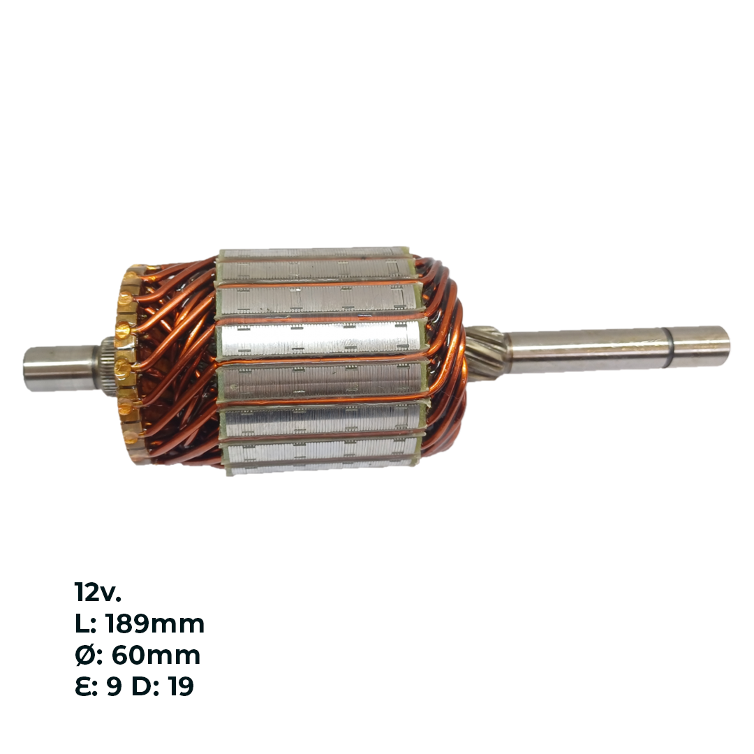 INDUCIDO - BOBINA DE ARRANQUE TIPO VALEO PEUGEOT 405, 505, 205, RENAULT 19. 12V. L: 189MM Ø: 60MM E: 9 D: 19 IV1909.10N INN VAL003 IVA-995 IVA1581 PA42023 IMV408