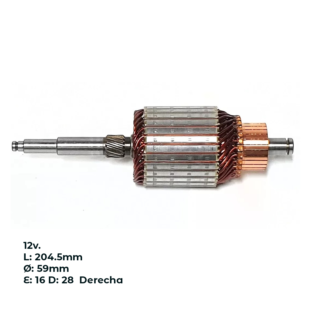 INDUCIDO - BOBINA DE ARRANQUE TIPO BOSCH VOLKSWAGEN GOL 1.0 MI, GOL COUNTRY 1.6 8V, VOYAGE 1.6 8V, PARATI 1.6 MI, SAVEIRO 1.6 MI. 12V. L: 204.5MM Ø: 59MM E: 16 D: 28 DERECHA IB2816.10N INN BOS036 IBO-081 PA42073 - 2