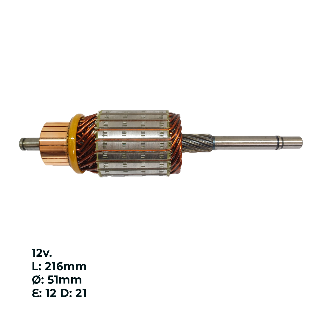INDUCIDO - BOBINA DE ARRANQUE TIPO MARELLI RENAULT TRAFIC 1.4,  FIAT TIPO 1.4, TEMPRA 1.6 8V, PALIO 1.6 8V, TIPO 1.6 8V MPI. 12V. L: 216MM Ø: 51MM E: 12 D: 21 IMA2112.20N INN MAR003 IMM-521 IMM5372 PA42010 IMM502 - 2