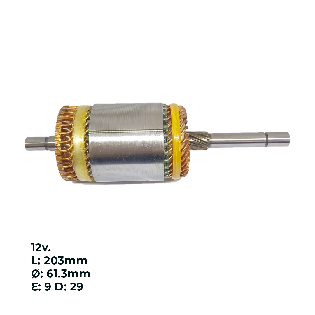 INDUCIDO - BOBINA DE ARRANQUE TIPO INDIEL RENAULT 9 1.4 GTS. 11, 12, 18 1.4D 88 , 19 1.6 I , 21 1993 12V. L: 203MM Ø: 61.3MM E: 9 D: 29 II2909.15N INN LUC001 / INN IND009 IIN-480 II7566 PA42108