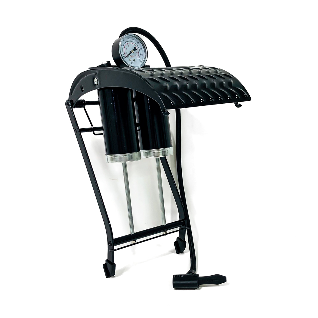 INFLADOR DE PIE COMPRESOR / INFLADOR METALICO DE PIE DOBLE BOMBA  55 CM X 12 CM COLOR NEGRO - 3