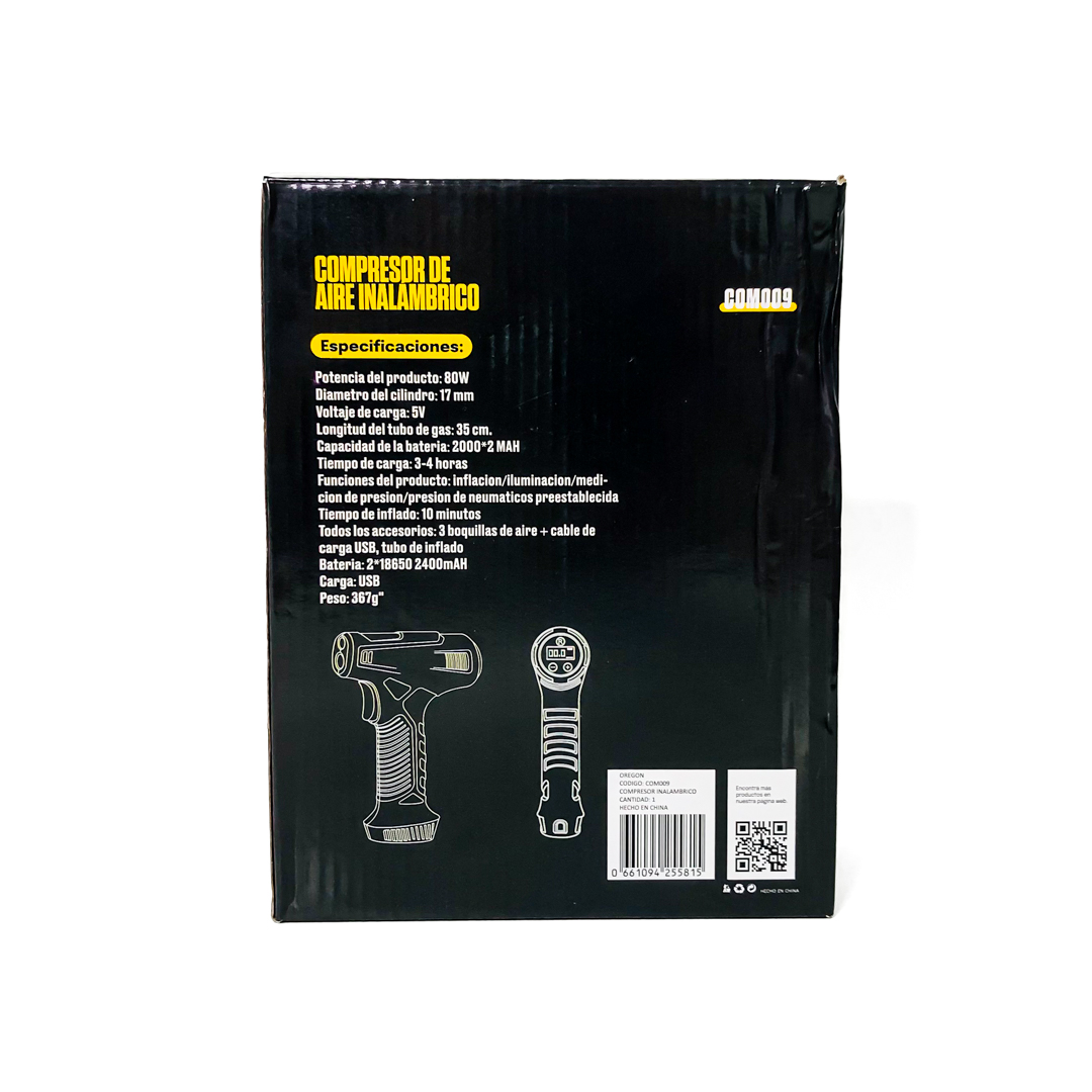COMPRESOR COMPRESOR DE AIRE INALAMBRICO 80 WATTS CON LINTERNA Y MEDIDOR DE PRESION DE RUEDAS CON 3 TOMAS DE AIRE Y CARGADOR USB - 9