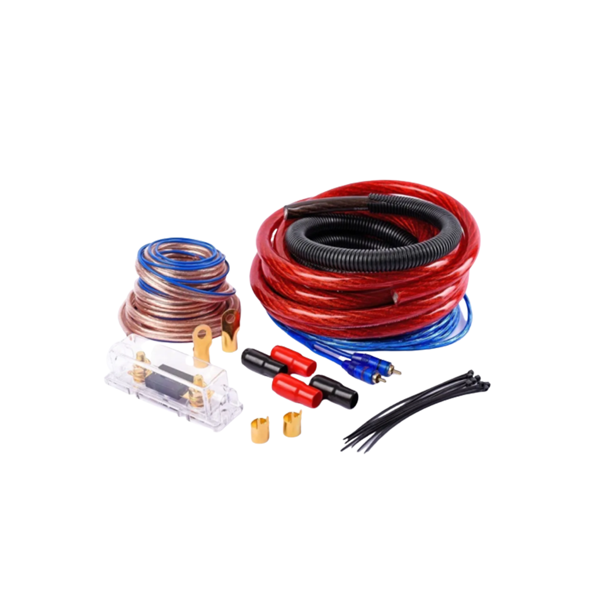 FICHAS DE AUDIO KIT DE CABLES PARA POTENCIA. CABLEADO GRUESO. 0 GAUGE. 3500 WATTS. FUSIBLE 150 AMP. INCLUYE ACCESORIOS