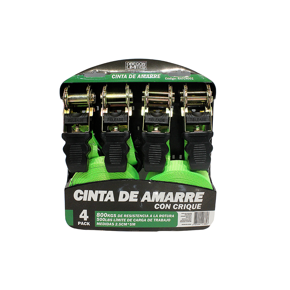 CINTA DE AMARRE CON CRIQUE JUEGO DE 4 PIEZAS DE 5 METROS DE LARGO X 2.5CM DE ANCHO. CAPACIDAD 800 KGS
