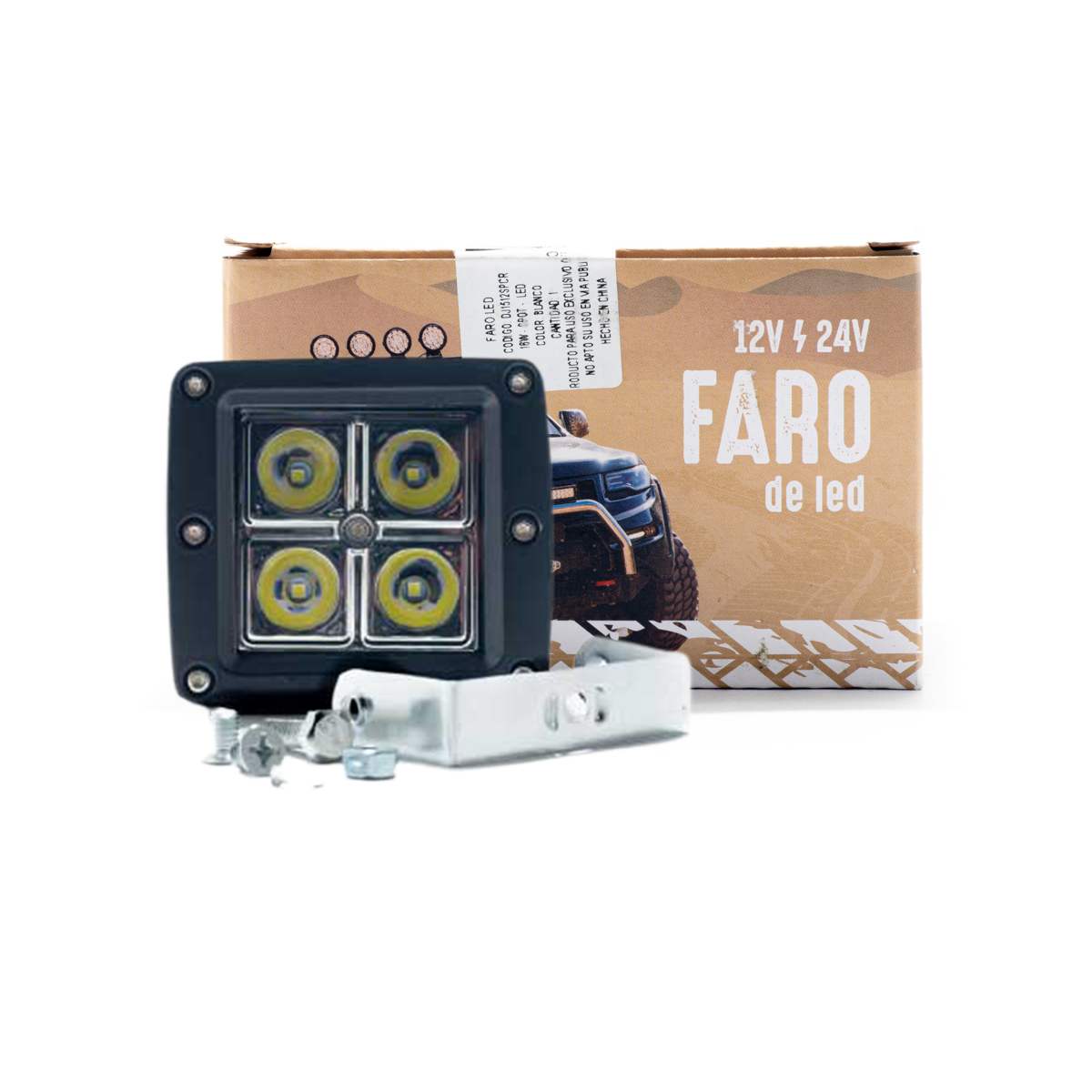 OFF ROAD FARO DE LED UNIVERSAL CUADRADO 20 WATTS (4 LED 5 WATTS) COLOR BLANCO 12V / 24V - HAZ DE LUZ SPOT -