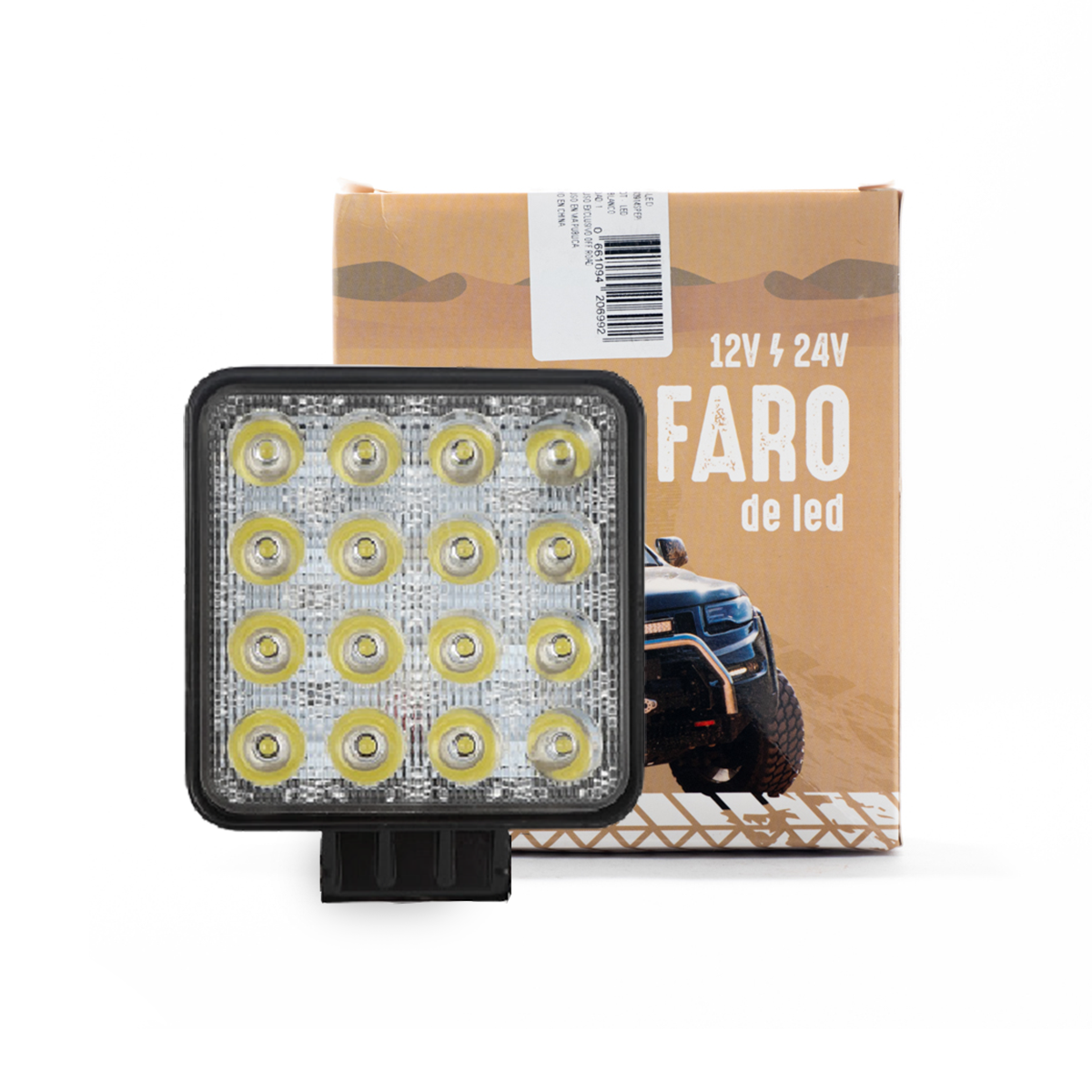 OFF ROAD FARO DE LED UNIVERSAL CUADRADO 48 WATTS (16 LED 3 WATTS) COLOR BLANCO 12V / 24V - HAZ DE LUZ SPOT - CANTIDAD POR CAJA MASTER 50