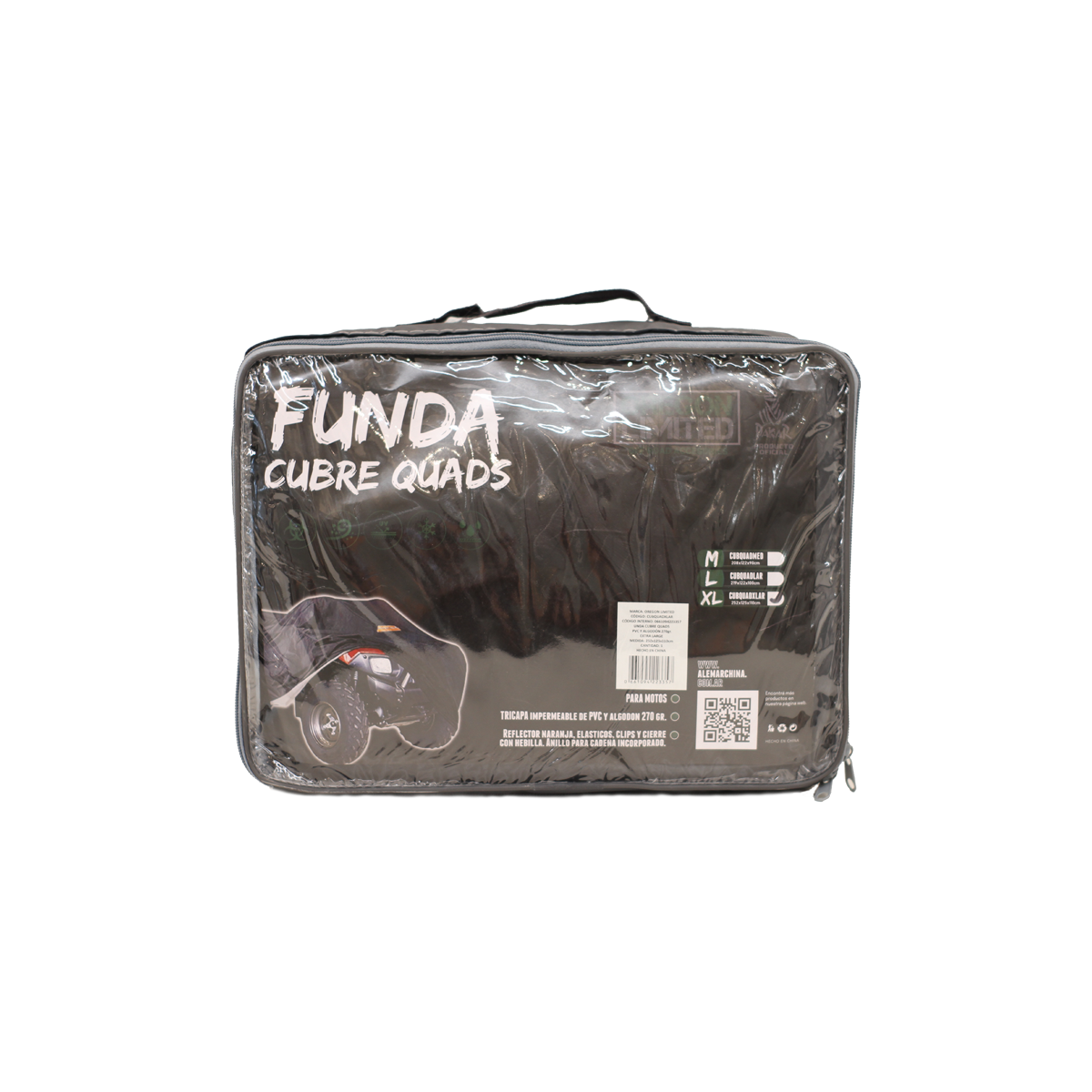 FUNDA CUBRE QUADS TRICAPA IMPERMABLE MEDIUM 208X122X90CM. LOGO DAKAR. PVC Y ALGODON 270 GRAMOS. REFLECTOR NARANJA, ELASTICO, CLIPS Y CIERRE. ANILLO PARA CADENA INCORPORADO.