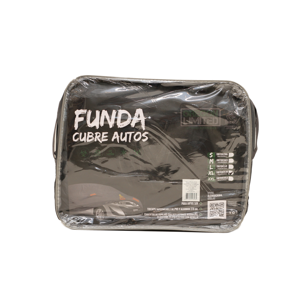 FUNDA CUBRE AUTOS PARA AUTOS SEDAN EXTRA LARGE 483X178X119CM. LOGO DAKAR. PVC Y ALGODON 270 GRAMOS. COBERTOR DE ESPEJOS CON REFLECTORES NARANJAS, ELASTICO, CLIPS Y CIERRE.